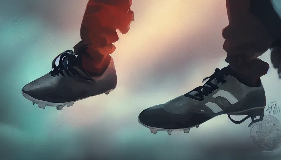 Image similar to concept art of future soccer sneaker by jama jurabaev, cinematic shot, brush hard, artstation, cgsociety, high quality, brush stroke