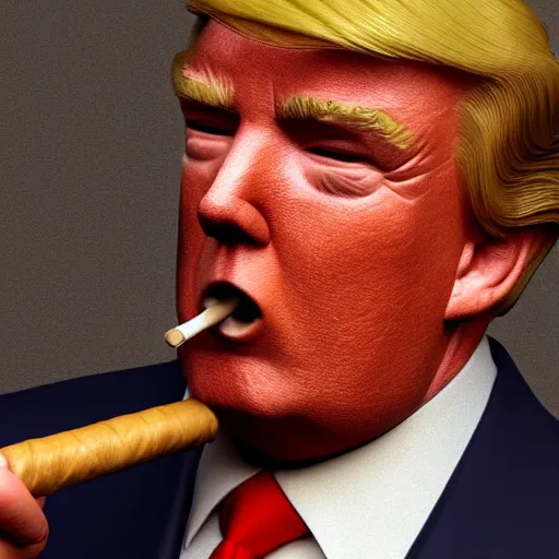 Image similar to a high quality photo of donald trump smoking a cigar, 3d scene, render, ultra realistic, artstation, cgsociety