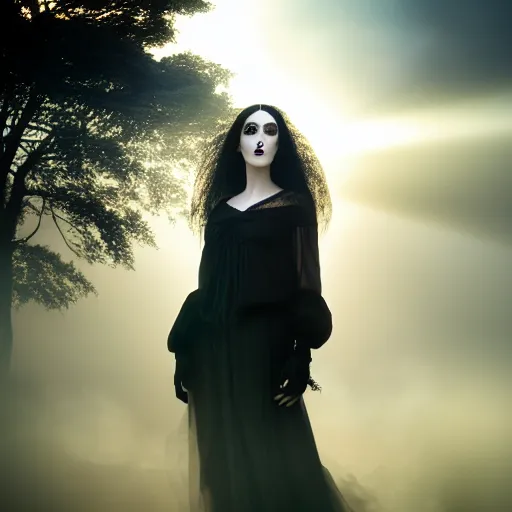 Prompt: photographic portrait of a stunningly beautiful goth renaissance female in soft dreamy light at sunset, smoke fog dust, god rays contemporary fashion shoot, by edward robert hughes, annie leibovitz and steve mccurry, david lazar, jimmy nelsson, breathtaking, 8 k resolution, extremely detailed, beautiful, establishing shot, artistic, hyperrealistic, beautiful face, octane render