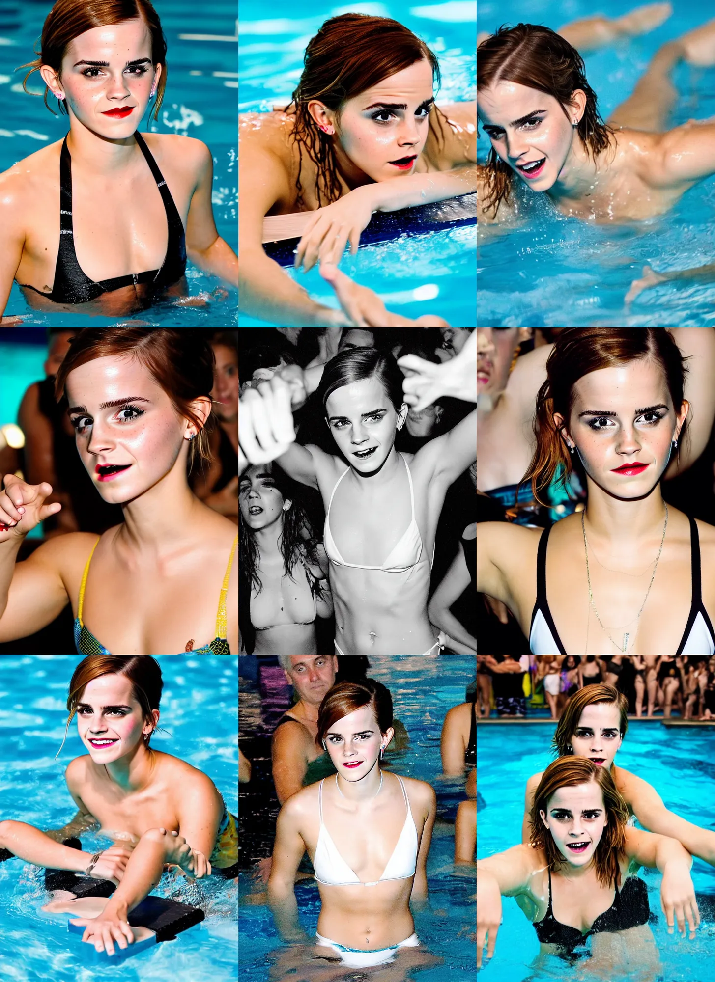 Prompt: medium shot photo of crazy drunk emma watson partying hard in the pool, having fun being the center of attention in a pool party in a crowded modern indoors pool at night. sensual photo. symmetrical balance, in - frame. photorealistic