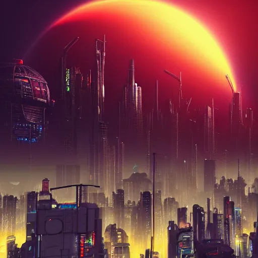 Skyline of a cyberpunk city with a planet in the sky, | Stable ...