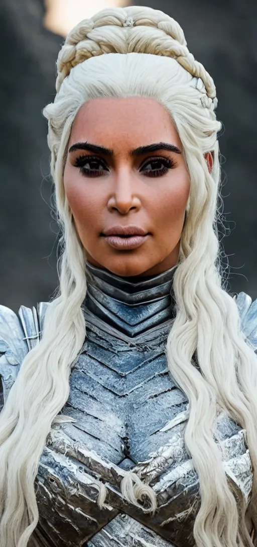 Prompt: Kim Kardashian as Daenerys Targaryen mother of dragons, drogon, XF IQ4, 150MP, 50mm, F1.4, ISO 200, 1/160s, natural light