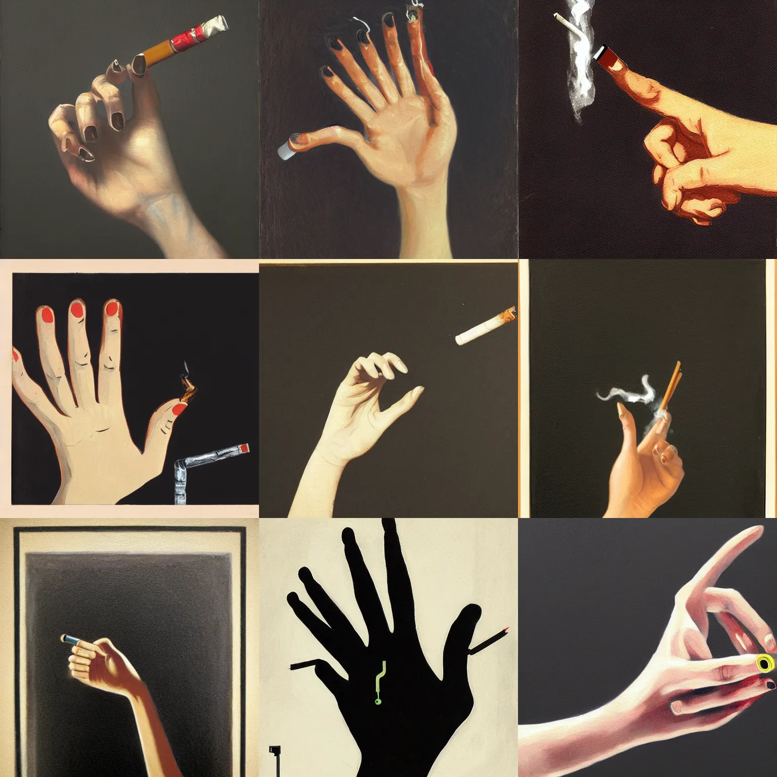Image similar to structure of one lady's hand with cigarette on black background. Five thumbs. Painting 1882