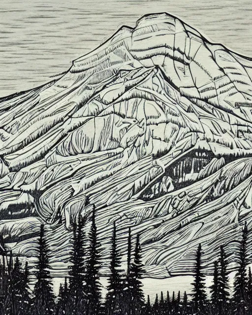 Image similar to an award winning Wood engraving on paper of The Canadian rockies