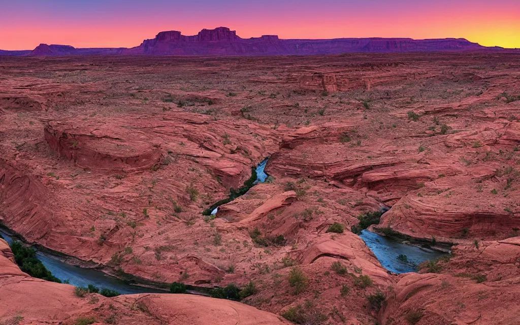 Image similar to “a dried up river bend running through a canyon surrounded by desert mountains at sunset, moab, utah, a tilt shift photo by Frederic Church, trending on unsplash, hudson river school, national geographic photo”