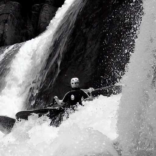 Prompt: “whitewater kayaking down a skull waterfall, black and white”