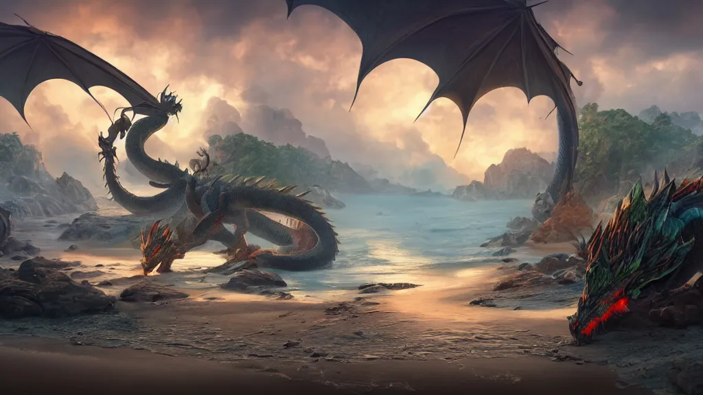 Image similar to dragon on a tropical beach, fantasy artwork, beautiful scenery, hdr, unreal engine 5, cinematic, 8k, ultra detailed, high resolution, artstation, IMAX