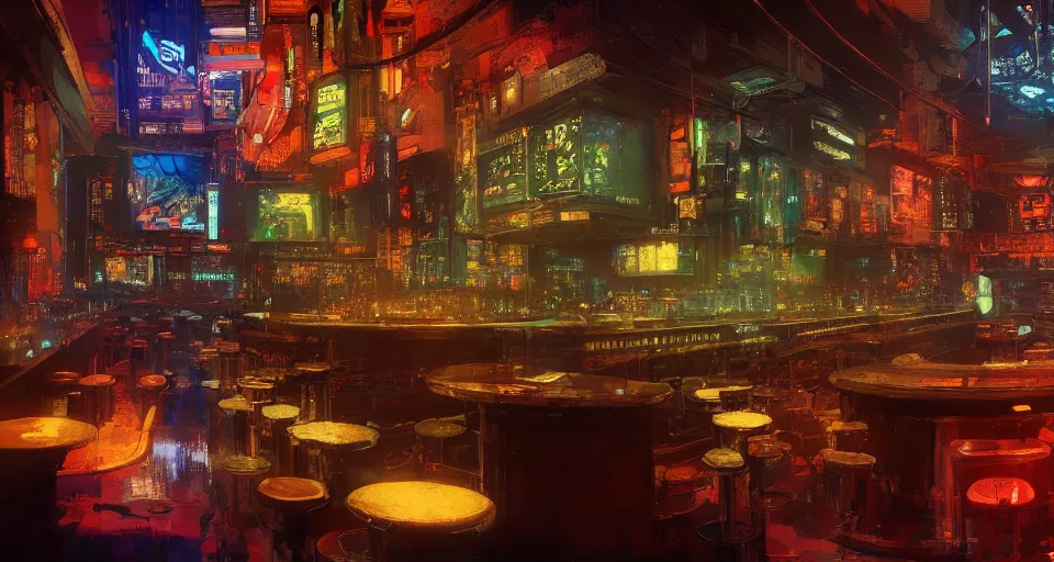 Image similar to cyberpunk bar interior, intricate, elegant, vivid colors, highly detailed, john park, craig mullins, sparth, ruan jia, jeffrey catherine jones