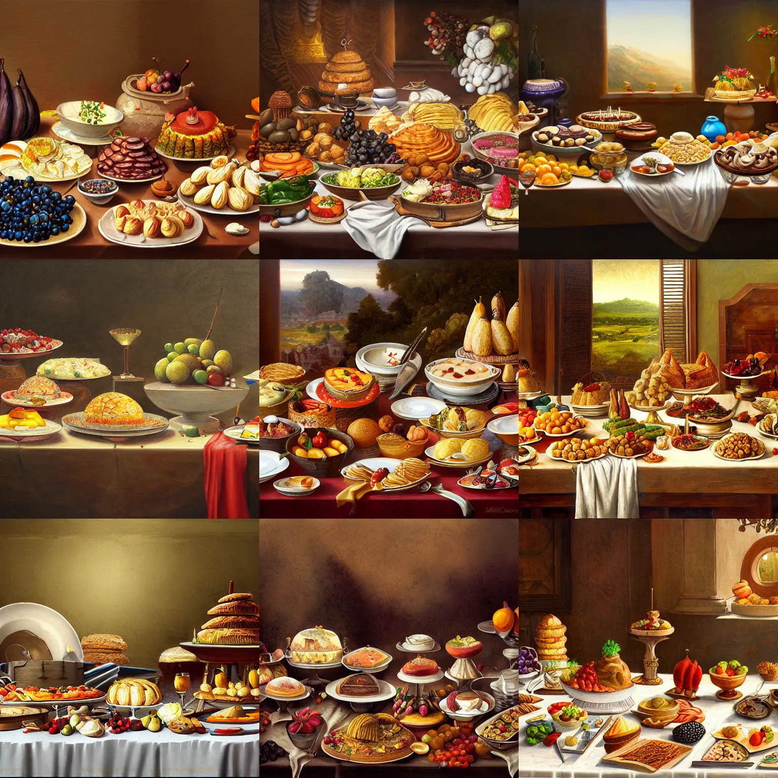 Prompt: a table with lots of deserts and dishes and fruits and vegetables, realistic painting, classical painting, high definition, digital art, matte painting, very detailed, realistic