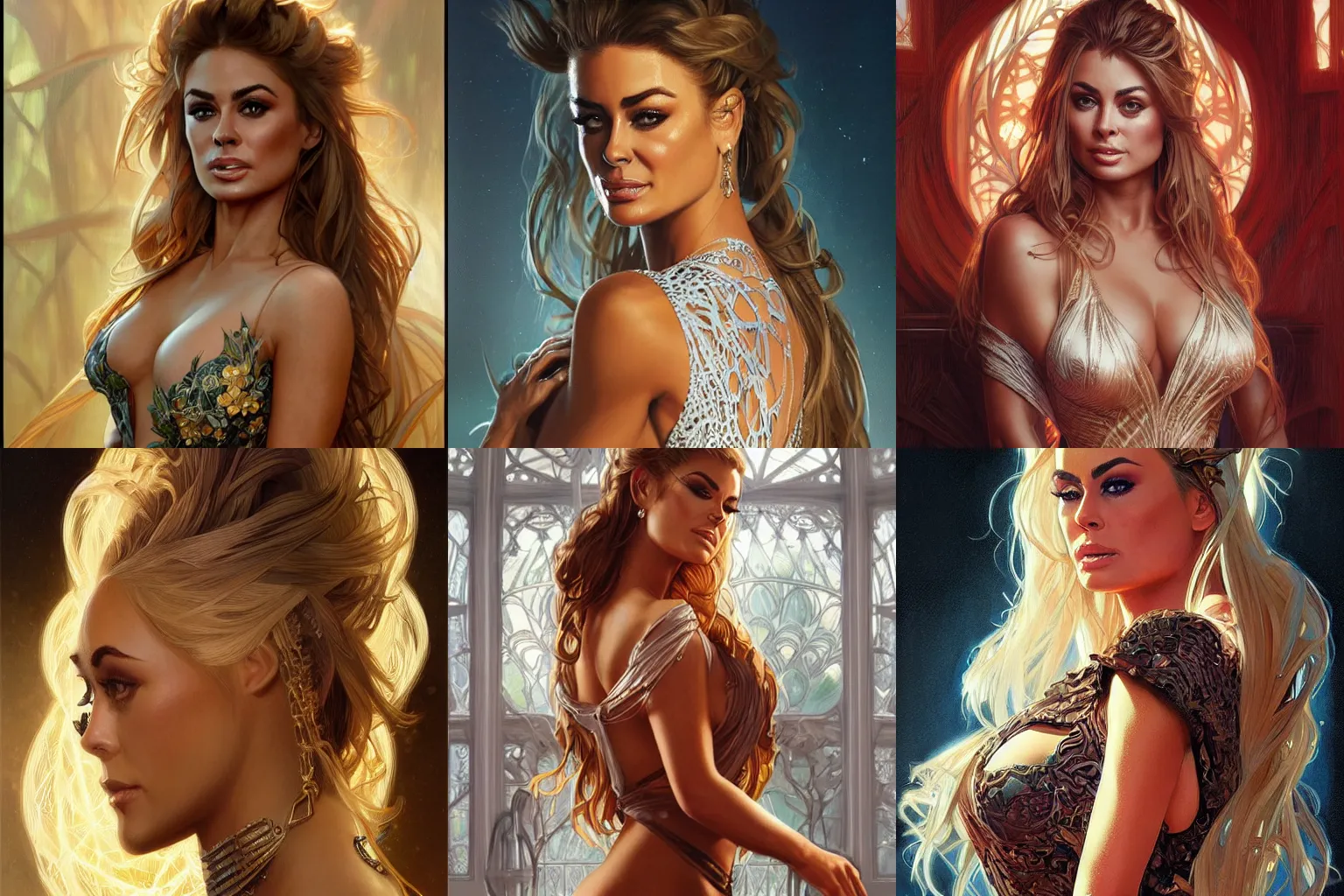 Prompt: portrait of Carmen Electra, fantasy low cut dress, intricate, elegant, highly detailed, digital painting, artstation, concept art, smooth, sharp focus, illustration, art by artgerm and greg rutkowski and alphonse mucha