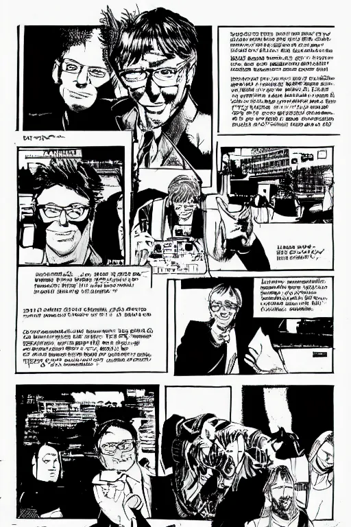 Image similar to bill gates presenting the microsoft xbox at ces 2 0 0 1, a page from cyberpunk 2 0 2 0, style of paolo parente, style of mike jackson, adam smasher, johnny silverhand, 1 9 9 0 s comic book style, white background, ink drawing, black and white