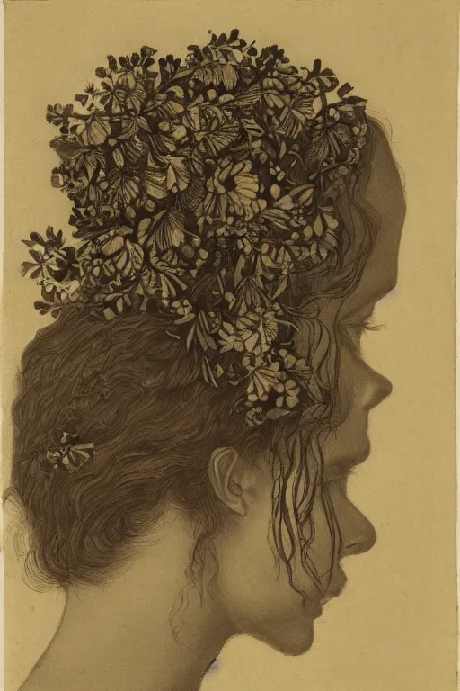 Image similar to a woman's face in profile, with long hair made of flowers and fruit, in the style of the dutch masters, dark and moody