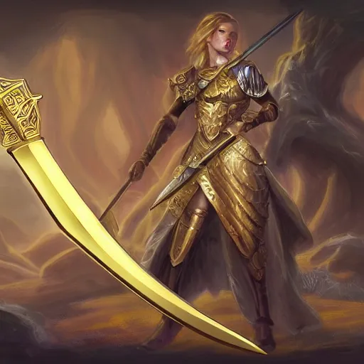 Image similar to a fantasy portrait of a giant golden sword weapon