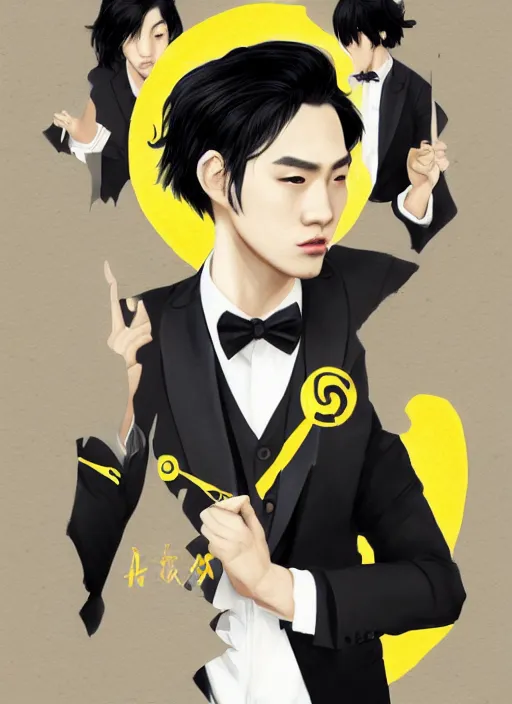 Image similar to a highly detailed illustration of young attractive black haired asian guy wearing black suit and tie with coattails, yellow eyes, dramatic elegant pose, strings background, intricate, elegant, highly detailed, centered, digital painting, artstation, concept art, smooth, sharp focus, league of legends concept art, wlop.