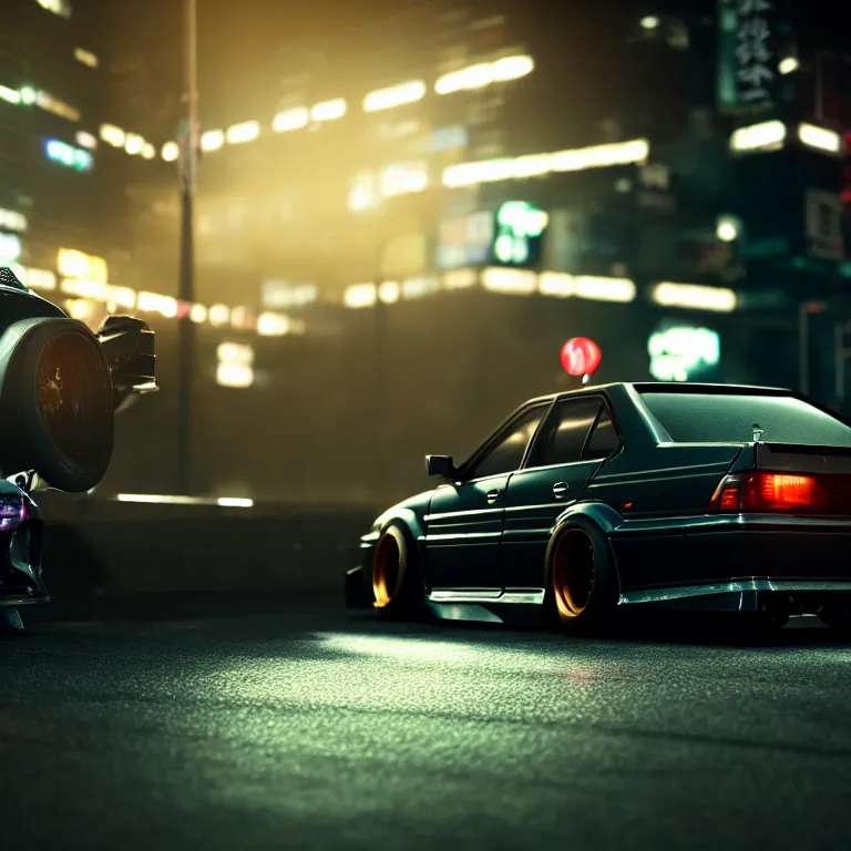 Image similar to toyota jzx 1 0 0 drift, detailed - wheels, shibuya prefecture, cyberpunk female supermodel in front, cinematic lighting, photorealistic, night photography, octane render