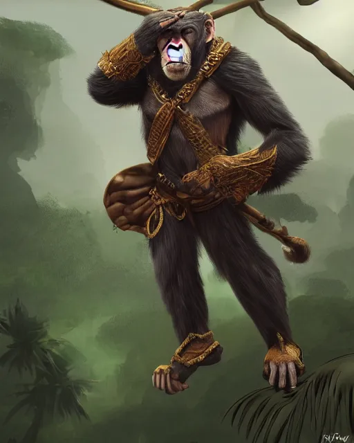 Image similar to fury art, large cape, an anthro ape monkey wearing a fantasy armor, jungle background, 3 d, 8 k, extremely detailed, trending on furaffinity, trending on artstation, award winning, sharp focus, illustration