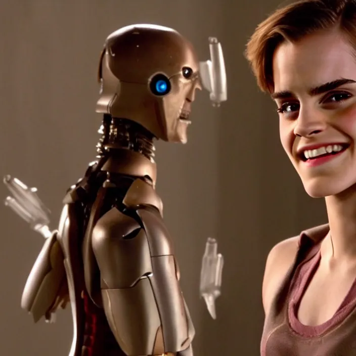 Image similar to Joyful! smiling Emma Watson wearing cyborg prosthetic, from The emperor's new groove (2000). Clear body. Light Clothes. Cinematic. Professional Photo. Low angle. 8k. Clear Face.