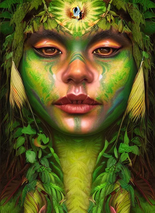 Image similar to the ayahuasca vine plant spirit mixed with the face of a beautiful indigenous woman with a third eye in the jungle, face painted in green, fractals, beautiful colors, matte painting, by christophe vacher