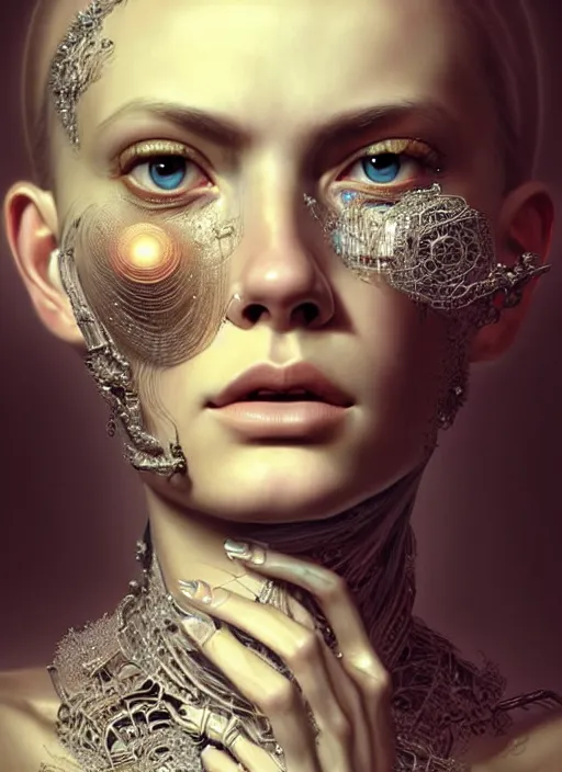 Image similar to a highly detailed photo of very intricate female face full - length portrait, futurism, rococo cyber tattoos lighting, detailed futuristic fibonacci jewelry, profile posing, hyper photorealistic, crispy quality, digital photography, trending in pinterest, cinematic, 4 k ultra hd, art by pascal blanche, art by greg rutkowski, art by artgerm,