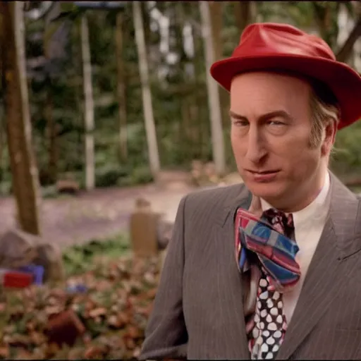 Image similar to film still of Bob Odenkirk as Stan S Stanman wearing a hat and checkerboard suit in the Monkey Island movie