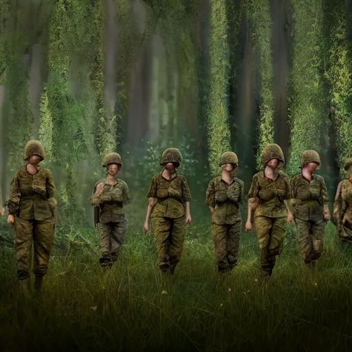 Image similar to group of female soldiers, searching through iridescent woods, makeshift camp, aerial photography, eerie, beautiful, stunning, intricate detail, cinematic, unreal engine, concept art, photorealism