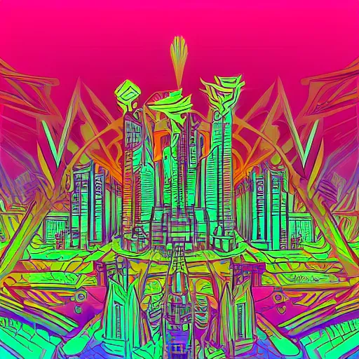 Image similar to mystical psychedelic poster with shaded lighting in the style of andriod jones, radiant light, detailed and complex environment, solace, beautiful, utopic astral city in the sky with many buildings and temples reflecting an modern city on the ground with old growth pine trees, overlaid sacred geometry, with implied lines, gradient of hot pink and neon baby blue