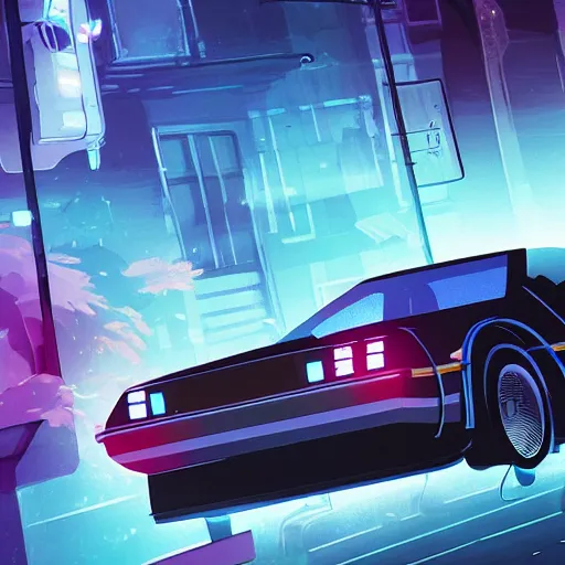 Image similar to marty mcfly entering a delorean, ambient lighting, 4k, anime key visual, lois van baarle, ilya kuvshinov, rossdraws, artstation