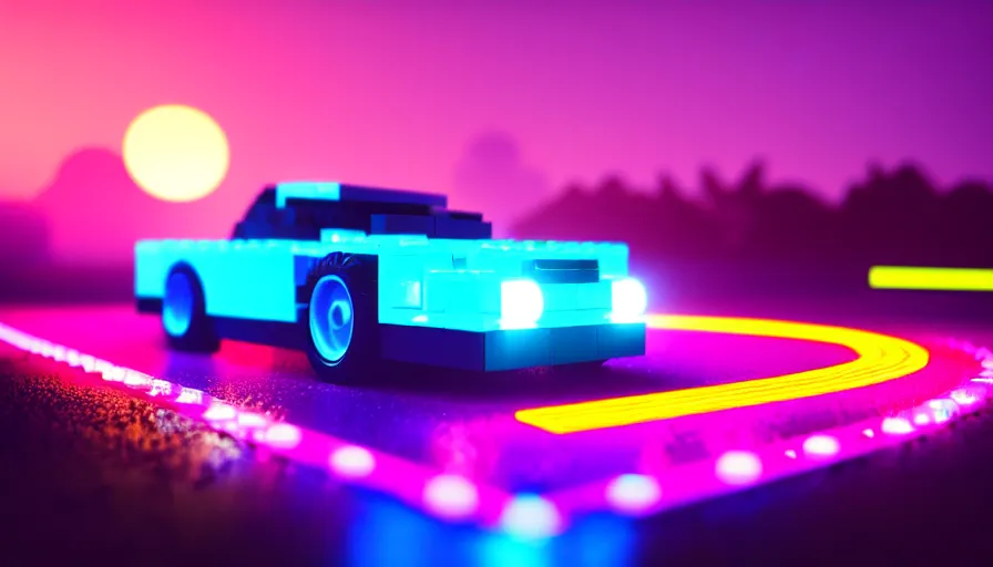 Image similar to luminescent lego car driving on a neon road into the distance with glowing cyberpunk signs leaving long glowing trails, top rear view, dark magical forest, synthwave, octane render, purple fog, futuristic, sunset, purple rays, reflective mirror puddles, beautiful lighting, ultra realistic, highly detailed, 8 k