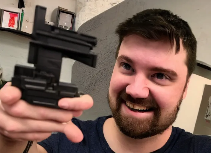 Prompt: a picture of youtuber ian mccollum of forgottenweapons, displaying an advanced gummy blaster