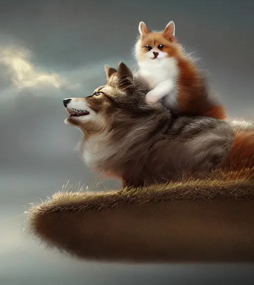 Prompt: fluffy cat riding on top of a corgi, realistic, portrait, intricate, detailed, volumetric lighting, scenery, digital painting, highly detailed, artstation, sharp focus, illustration, concept art, ruan jia, steve mccurry