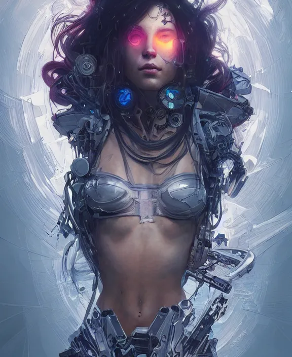 Image similar to portrait of a cyberpunk cyborg, half body, fantasy, intricate, elegant, highly detailed, digital painting, artstation, concept art, art by artgerm and greg rutkowski and alphonse mucha