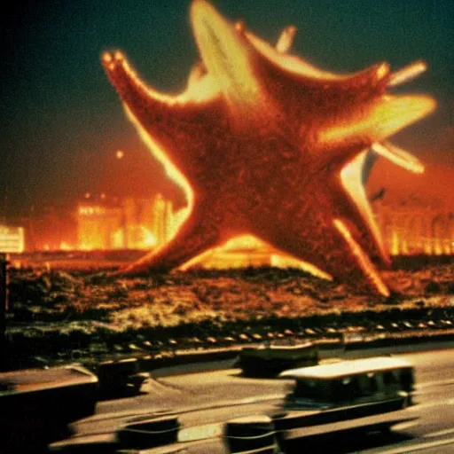 Image similar to Pulgasari the North Korean starfish monster destroying Pyongyang city, volumetric lighting, filmstill, produced by Kim Jong-il, Kodachrome, kaiju-eiga, monster movie, communist propaganda, film noir, 35mm film grain, Cooke Varotal 20-100mm T3.1, in the style of Ishirō Honda and Stanley Kubrick