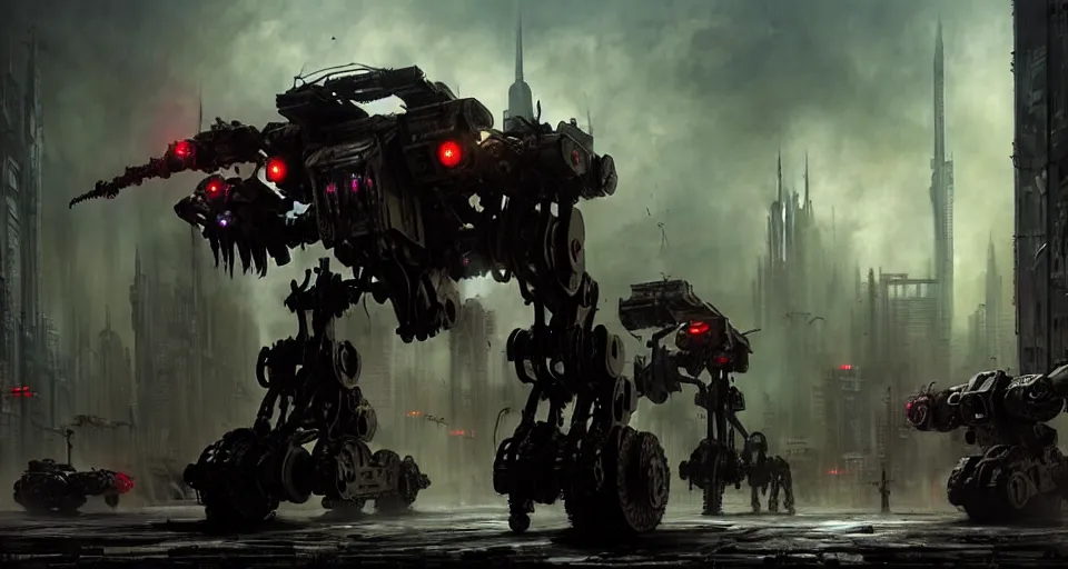 Image similar to zombie - flesh - battlemech, in a cyberpunk gothic city hyper realistic sci - fi matte concept art painting of dramatic cinematic scene, guns, missiles, explosions, beautiful details, strong composition painted by kim jung guweta studio rutkowski, james gurney and greg rutkowski, and lucasfilm, smooth, intricate, detailed, sharp focus, cinematic