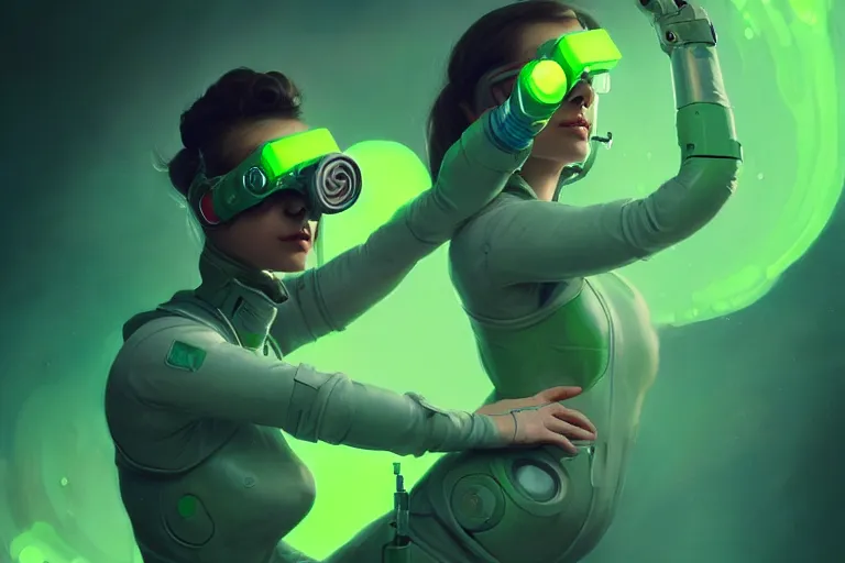 Prompt: a female scientist wearing futuristic goggles, experimenting on green glowy goo, cinematic lighting, peter mohrbacher, wlop, trending on artstation