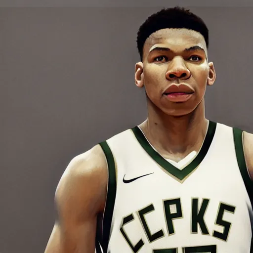 Image similar to giannis antetokounmpo, 3 d character art, wearing basketball jersey, symmetrical facial features, from arknights, hyper realistic, 4 k, rule of thirds, extreme detail, detailed drawing, trending artstation, realistic lighting, by alphonse mucha, greg rutkowski, short neck