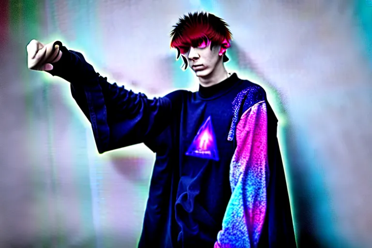 Prompt: bladee wearing aura inspired by a wizard mage