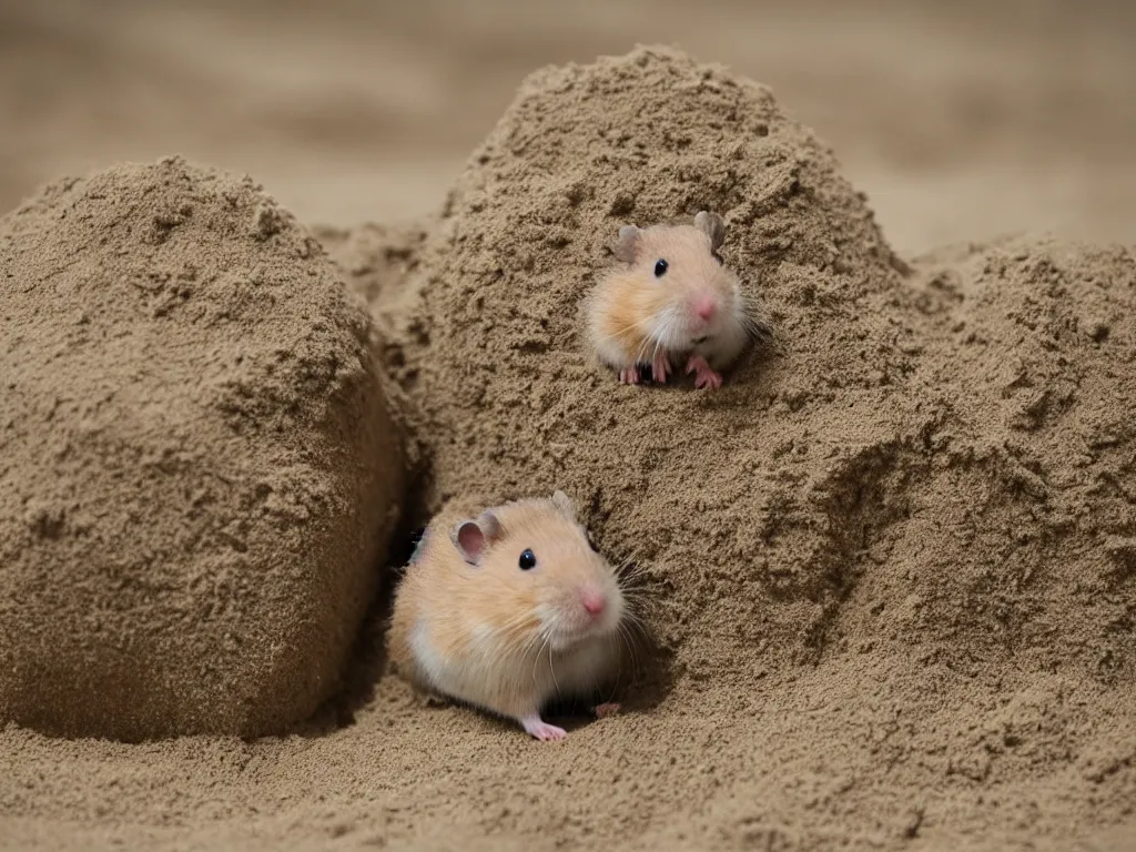 Image similar to Photo of a hamster making a giant sandcastle, highly-detailed 4K award-winning