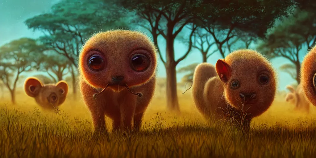 Prompt: of an intricate hazy savanna with strange large cute creatures with long tongues, big eyes and huge noses appearing from the ground, in the style of margaret keane macro lens, shallow depth of field, highly detailed, digital painting, trending artstation, concept art, illustration, cinematic lighting, vibrant colors, photorealism, epic, octane render