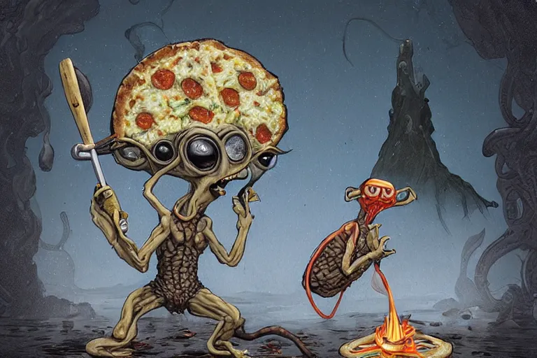 Image similar to a highly detailed gollum making pizza! using a blowtorch!, a volcano in the background is spewing black smoke, with streams of hot lava flowing, post - apocalyptic vibe, full body, wide angle, an ultrafine detailed painting by joe fenton, trending on deviantart, pop surrealism, whimsical, lowbrow, perfect symmetrical face, sharp focus, octane, masterpiece