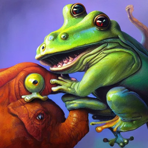 Image similar to frog - elephant creature, colorful oil painting by justin gerard