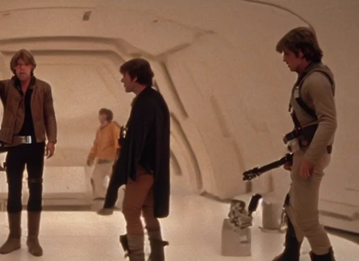 Image similar to epic screenshot portrait of Luke Skywalker arguing with Han Solo, marble temple, iconic scene from the force awakens, 1980s film directed by Stanley Kubrick, cinematic lighting, kodak, strange, hyper real, stunning moody cinematography, with anamorphic lenses, crisp, detailed portrait, 4k image