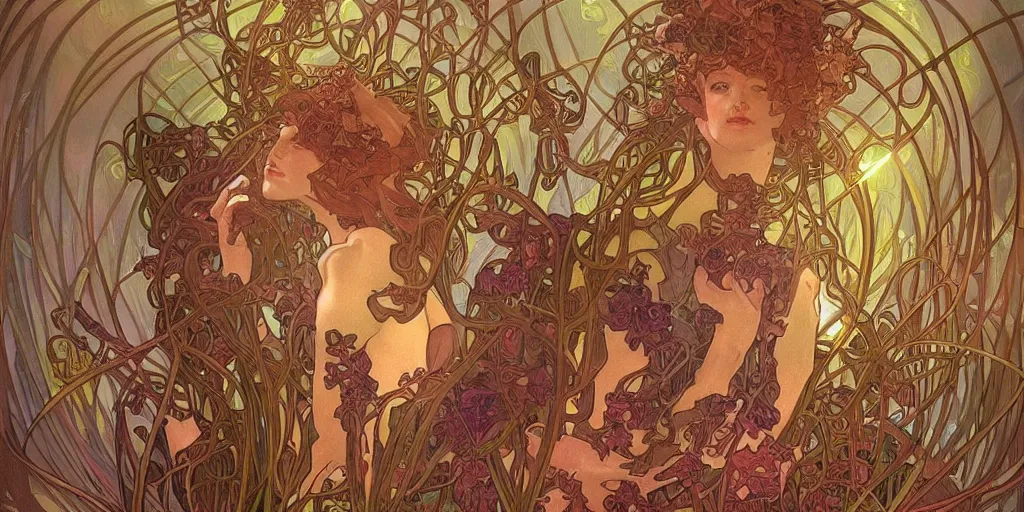 Image similar to twisted plant people, fungus tendrils by alphonse mucha, intense lighting, light beams, lens flare, intricate, elegant, highly detailed, digital painting, artstation, concept art, smooth, sharp focus, illustration, art by artgerm and serpentigena and alphonse mucha