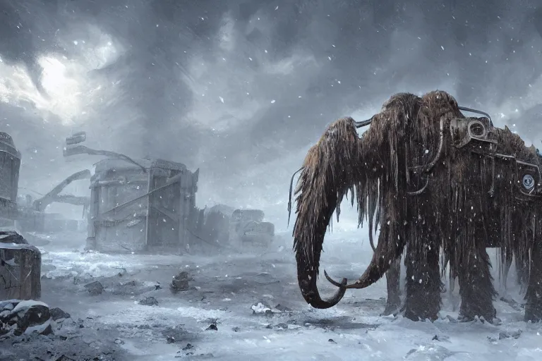 Image similar to a giant steampunk mammoth, post - apocalyptic ice landscape in snowstorm, concept art, artstation, highly detailed, digital art