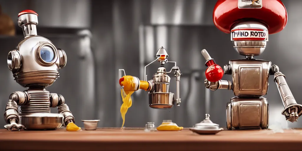 Image similar to closeup portrait of tin toy retro robot chef mixing chemicals cooking pastry in a kitchen, depth of field, zeiss lens, detailed, centered, fashion photoshoot, by nicoletta ceccoli, mark ryden, lostfish, breathtaking, 8 k resolution, extremely detailed, beautiful, establishing shot, artistic, hyperrealistic, octane render