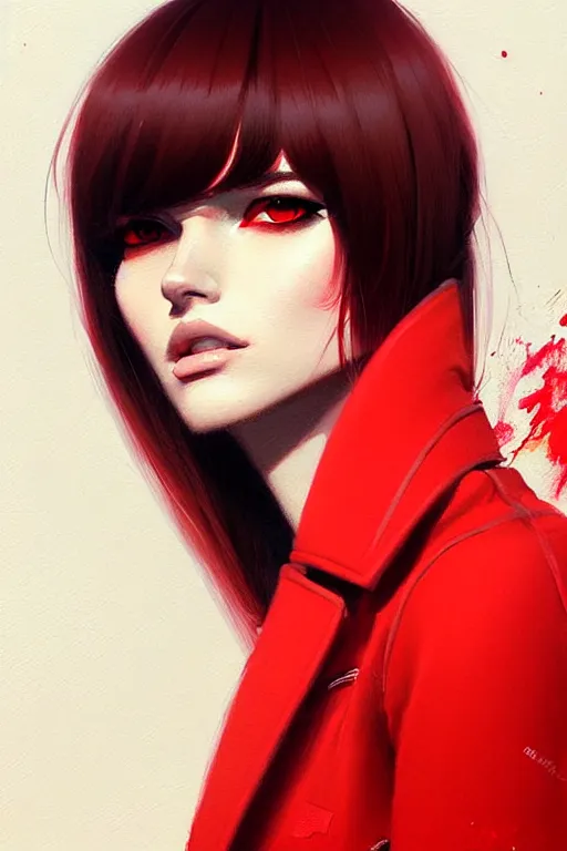 Image similar to a ultradetailed beautiful painting of a stylish woman with bangs in a red jacket, by greg rutkowski, conrad roset and ilya kuvshinov trending on artstation