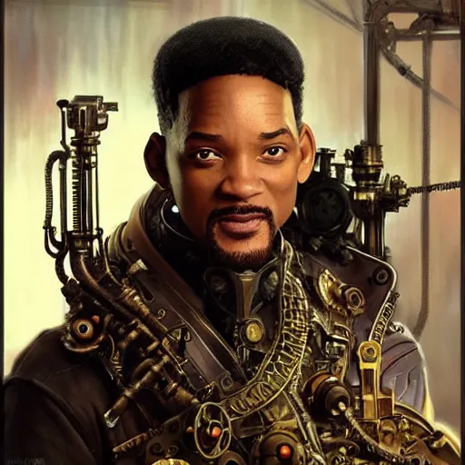 Prompt: Will Smith as a steampunk engineer, intricate, highly detailed, digital painting, artstation, concept art, sharp focus, illustration, art by greg rutkowski and alphonse mucha