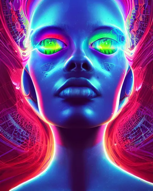 Image similar to a powerful energy psychedelic woman, by alexander fedosav, hyper detailed digital matte painting, concept art, hyperrealism, 1 6 k resolution, cinema 4 d, 8 k resolution, trending on artstation, behance hd, a masterpiece, by stephan martiniere, particles, cel - shaded, power bright neon energy, by david a. hardy,