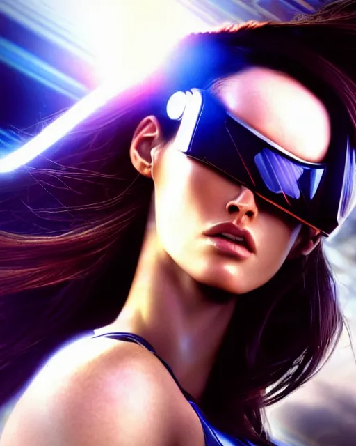 Prompt: low angle closeup beautiful mass effect cyberpunk megan fox with long windblown hair, wearing sci - fi goggles, action glamour pose, windblown dark hair, powerful, seductive, hyper detailed, digital art, studio lighting, smooth, ambient volumetric lighting, sharp focus, wlop, anna dittmann, alphonse mucha, patrick nagle!!, rim lighting, miami