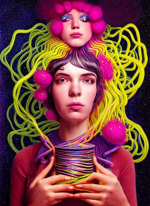 Image similar to hyper detailed 3d render like a Oil painting - Ramona Flowers with wavy black hair wearing thick mascara seen Eating of the Strangling network of colorful yellowcake and aerochrome and milky Fruit and Her staring intensely delicate Hands hold of gossamer polyp blossoms bring iridescent fungal flowers whose spores black the foolish stars by Jacek Yerka, Mariusz Lewandowski, Houdini algorithmic generative render, Abstract brush strokes, Masterpiece, Edward Hopper and James Gilleard, Zdzislaw Beksinski, Mark Ryden, Wolfgang Lettl, Dan Hiller, hints of Yayoi Kasuma, octane render, 8k