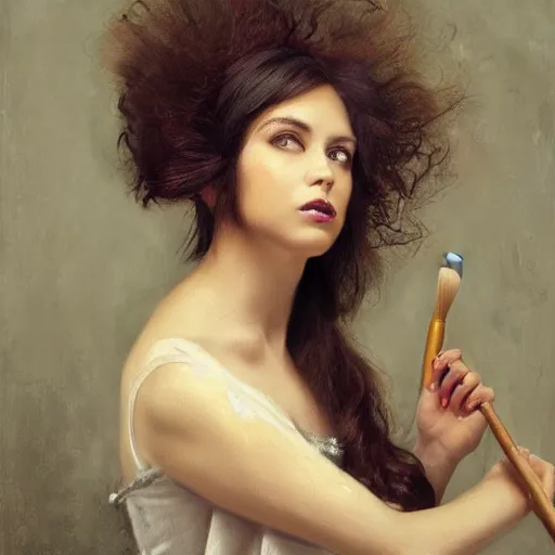 Image similar to beautiful portrait of a woman with artistic brushes in her hair.